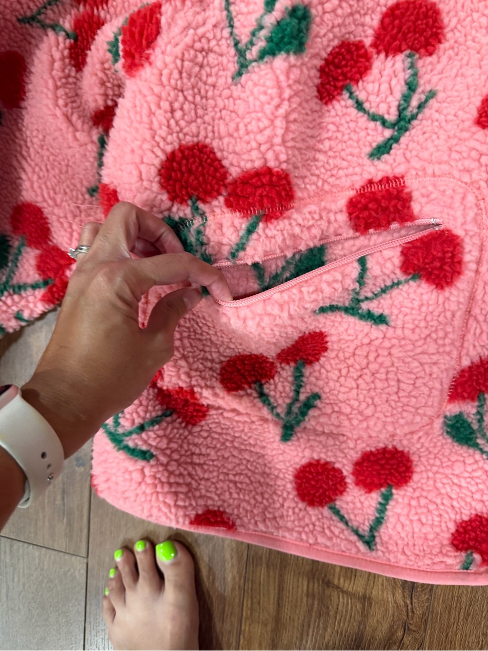 Pink Sherpa Jacket with Red Cherry Print - Picture 3 of 6